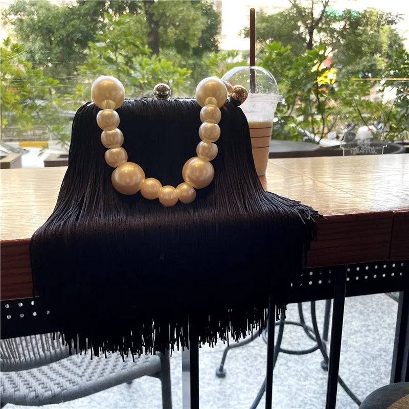 High-Quality Black Evening Handbag | Tassel Small Square Dinner Bag | Elegant Pearl Chain Clutch | Luxury Acrylic & Wool Mixed Minaudière for Women Luxegan