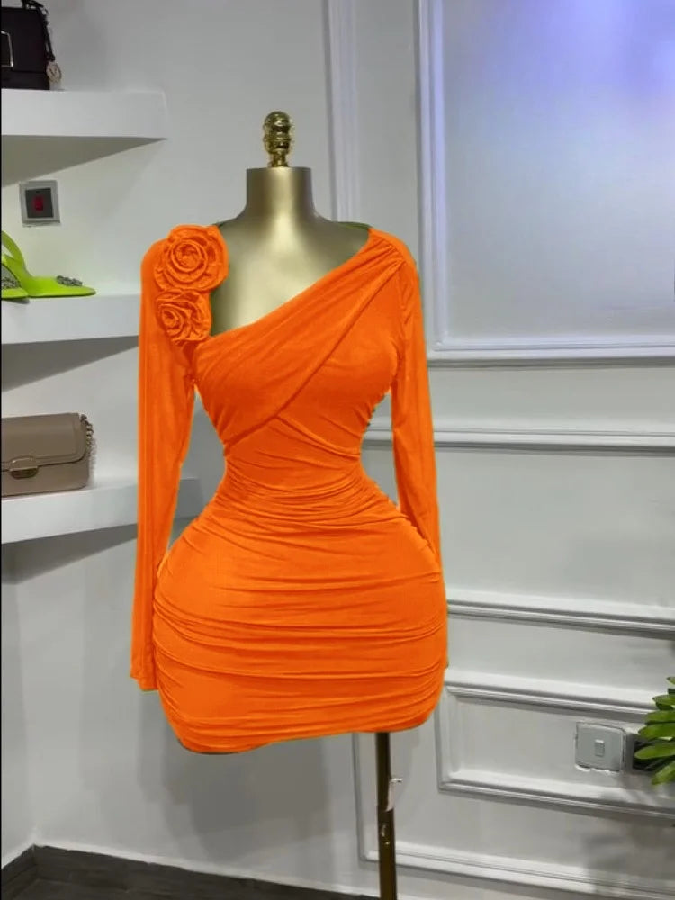 Solid High Street Asymmetric Neckline Full-Length Sleeve Regular Fit Shirred Pencil Mini Dress – High-Stretch Polyester-Elastane, Natural Waist, Summer Luxegan