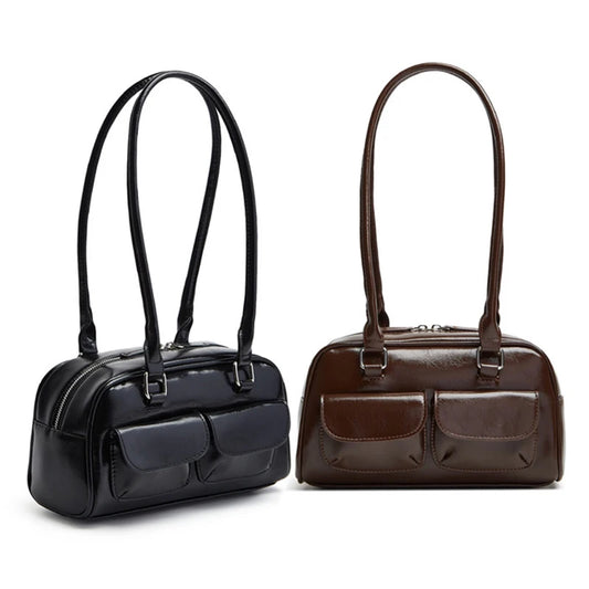 Oil Wax Leather Bowling Bag | Multi-Pocket Shoulder Handbag Luxegan