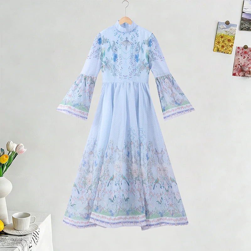 Print Half High Collar Sleeveless Regular Fit A-Line Floor-Length Dress – Slight Stretch Polyester, Natural Waist, Summer Luxegan