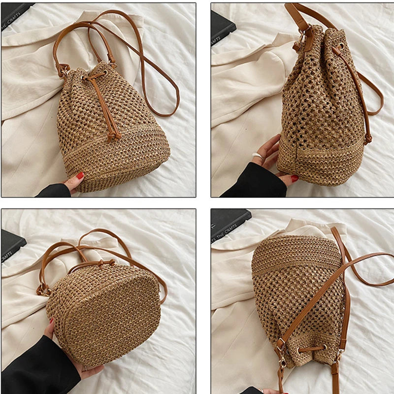 Simple Straw Bucket Bag for Women | Woven Handmade Shoulder Bag & Drawstring Crossbody Bag (Rattan Beach Bag for Girls & Travel Purse) Luxegan