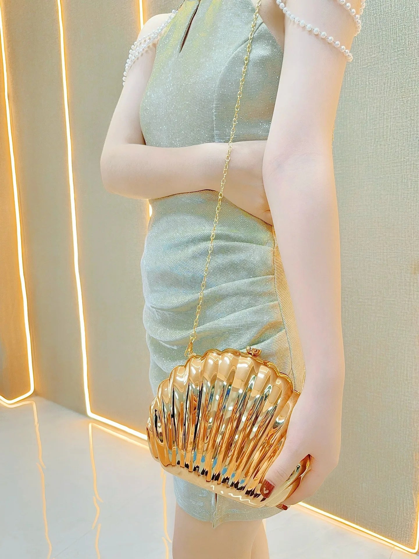 Acrylic Shell Evening Clutch | Cute Silver/Gold Designer Purse with Strap Luxegan