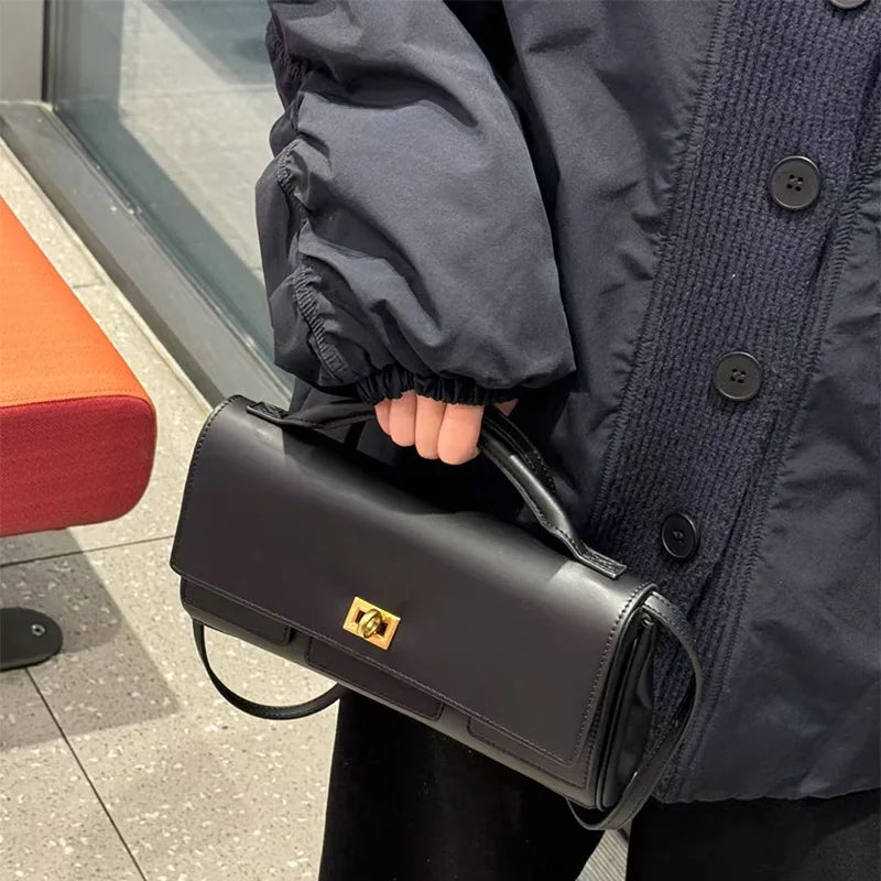 Genuine Leather Solid Satchel | Soft Black Lock Design Shoulder Crossbody Bag Luxegan