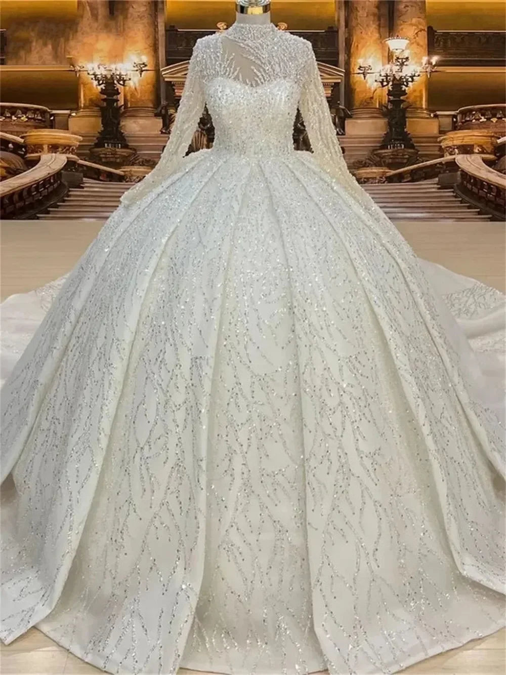 Customized Arabic Ball Gown Wedding Dress | Sophisticated "Flavinke" Silhouette | High-Neck Long Sleeve Bridal Gown with Beads & Sequins | "Dignified" High-Performance Floor-Length Vestidos for Radiant Versatile Styling Luxegan