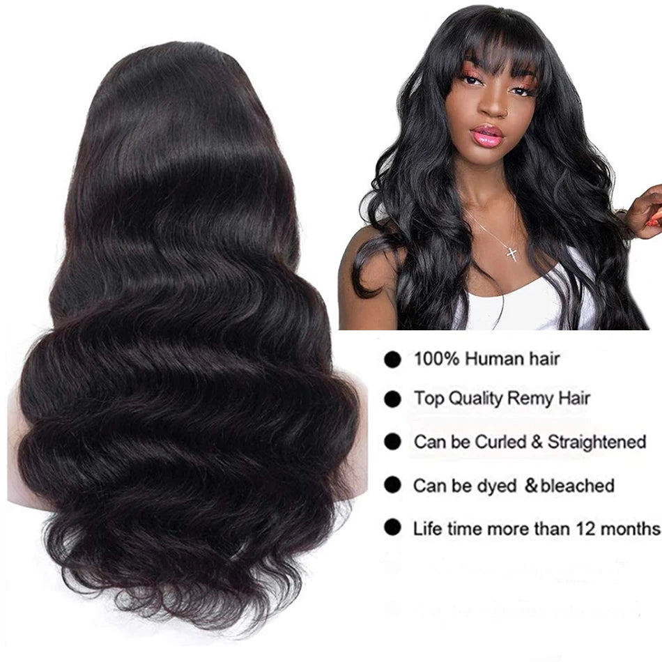 12A Grade Peruvian Body Wave Human Hair Wig with Bangs | Fully Machine-Made Glueless Fringe Wig | Premium Remy Human Hair Clearance Sale Wig for Women Luxegan