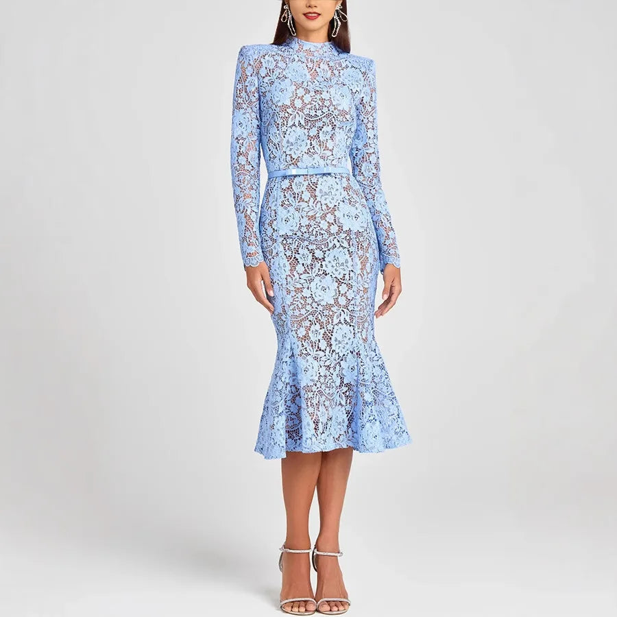 Elegant Embroidered Lace Formal Evening Dress | No Lining Hollow Out Long Sleeve Mermaid Dress | Summer Midi Vestidos with Belted Empire Waist | Slim Fit O-Neck Puff Sleeve Holiday Dress Luxegan