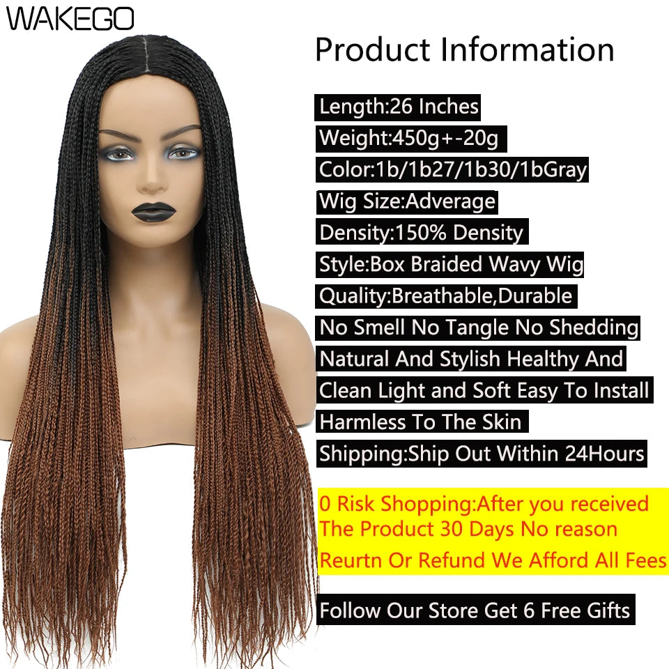 Wakego 26 Inch Ombre Box Braided Wigs For Black Women Braided Wig Fake Scalp Heat Resistant Braiding Hair Wig Peruca Sintetica Luxegan