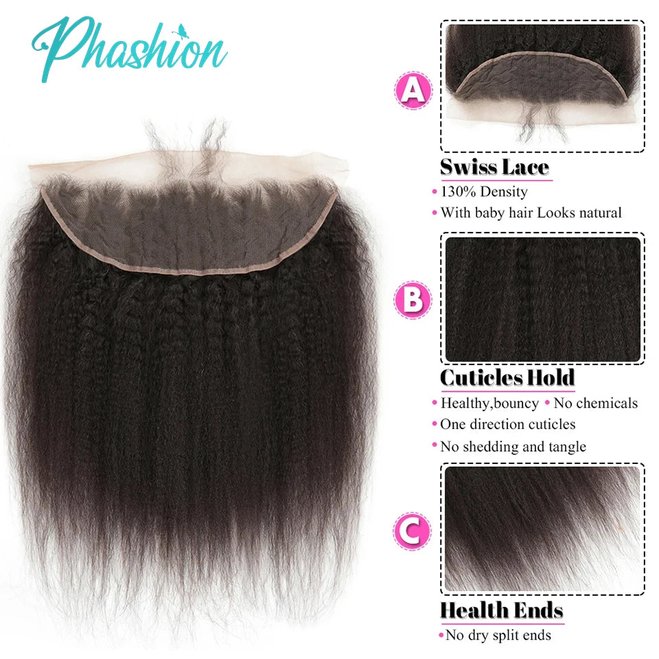 Phashion 13x4 Kinky Straight Lace Frontal Pre Plucked With Baby Hair HD Transparent Yaki 4x4 Closure Remy Human Hair For Women