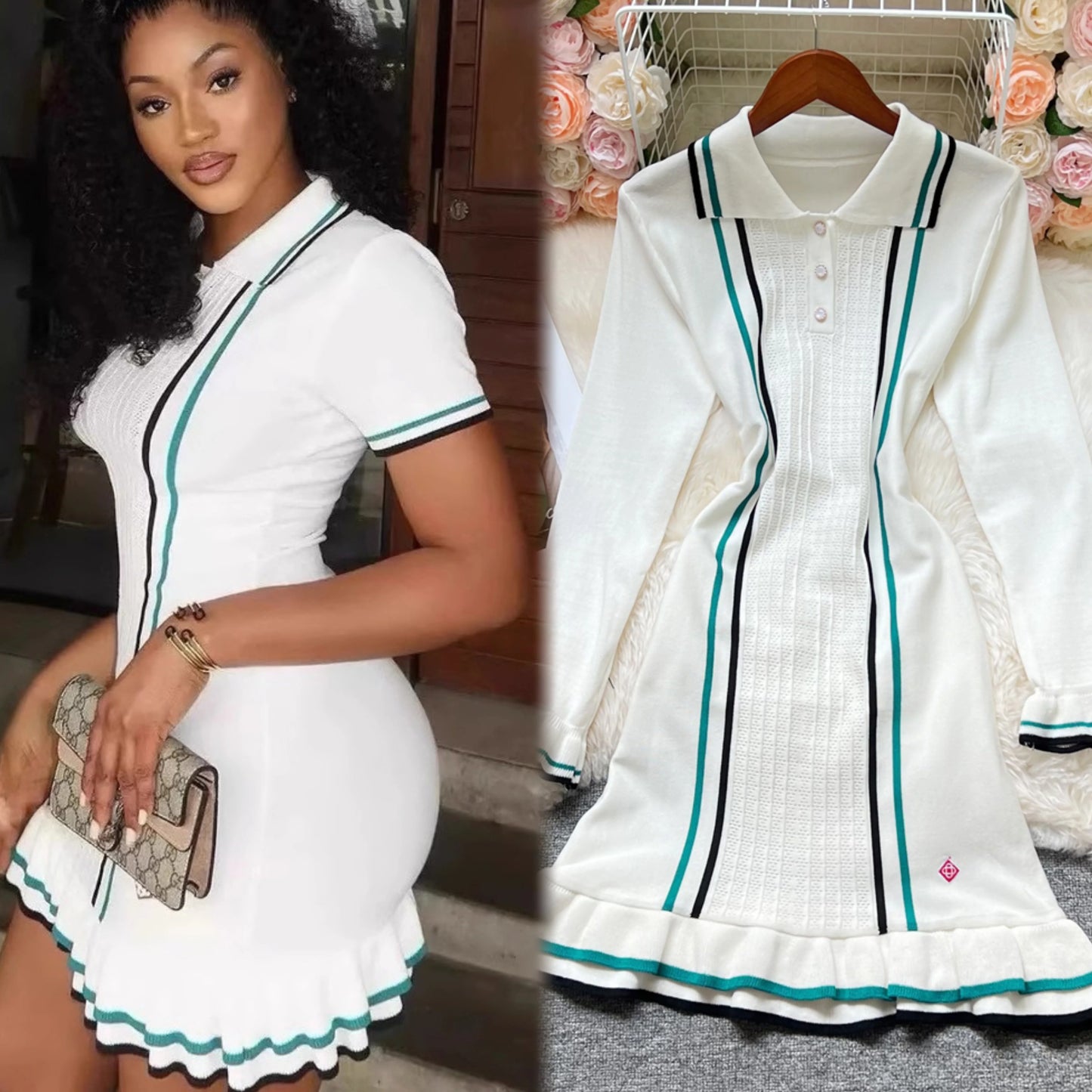Ruffled Knit Puff-Sleeve Mini Dress | Solid Turn-Down Collar Bodycon | Elegant Autumn Medium-Stretch Streetwear Sheath Luxegan