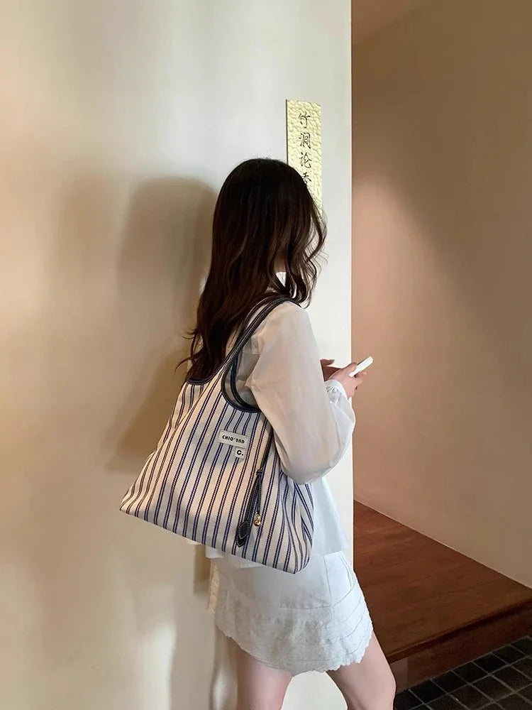 Texture Women's Tote Bag Contrast Color Stripe Shoulder Bags Woman Large Capacity Female Daily Commuting Underarm Packs Handbags