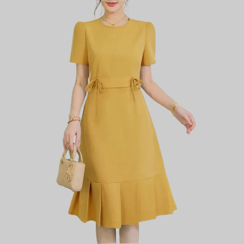 Solid Round Neck Short Puff Sleeve Regular Fit A-Line Knee-Length Dress – Natural Waist, Summer Luxegan