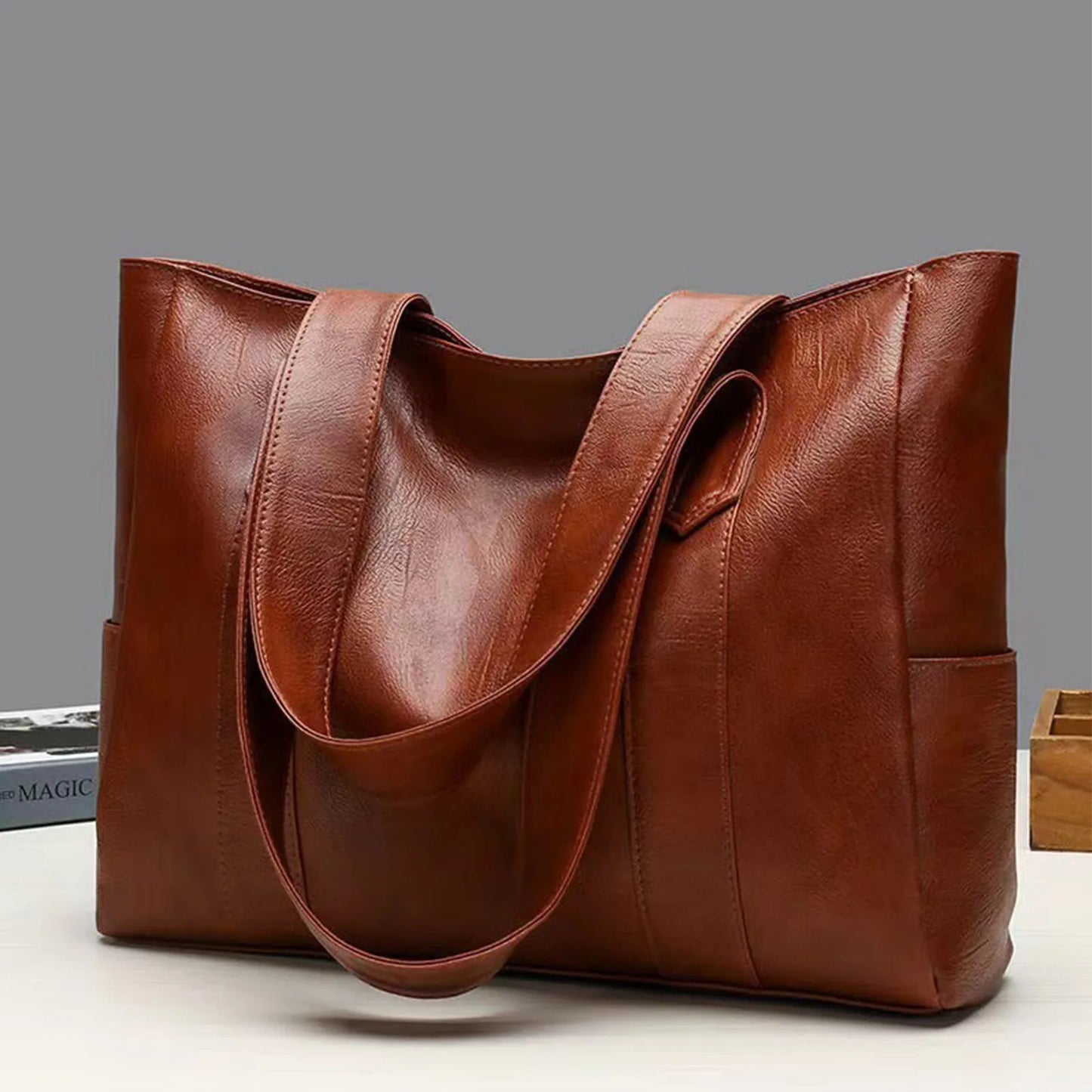 Big Soft Leather Female Tote Bag | New Tide Version Large Capacity Handbag | Simple Solid Color Single Shoulder Bag | Versatile Soft PU Leather Casual Tote Luxegan