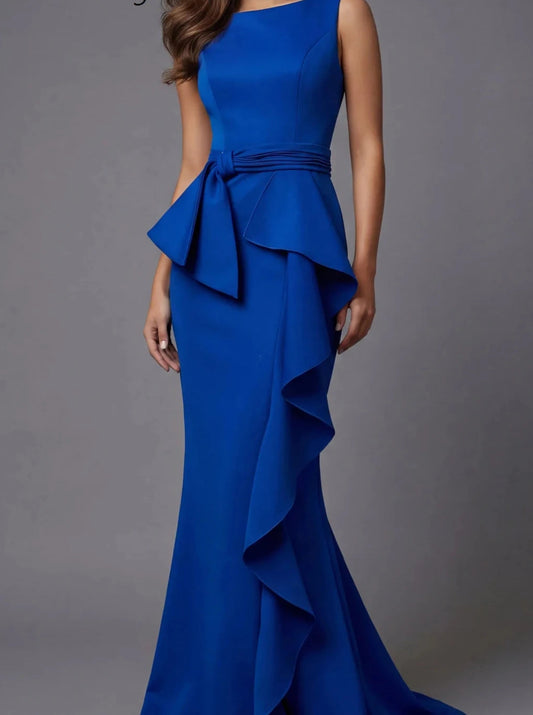 Pleat Sash Draped Mermaid Evening Dress | Scoop Neck Sleeveless Floor-Length Gown Luxegan