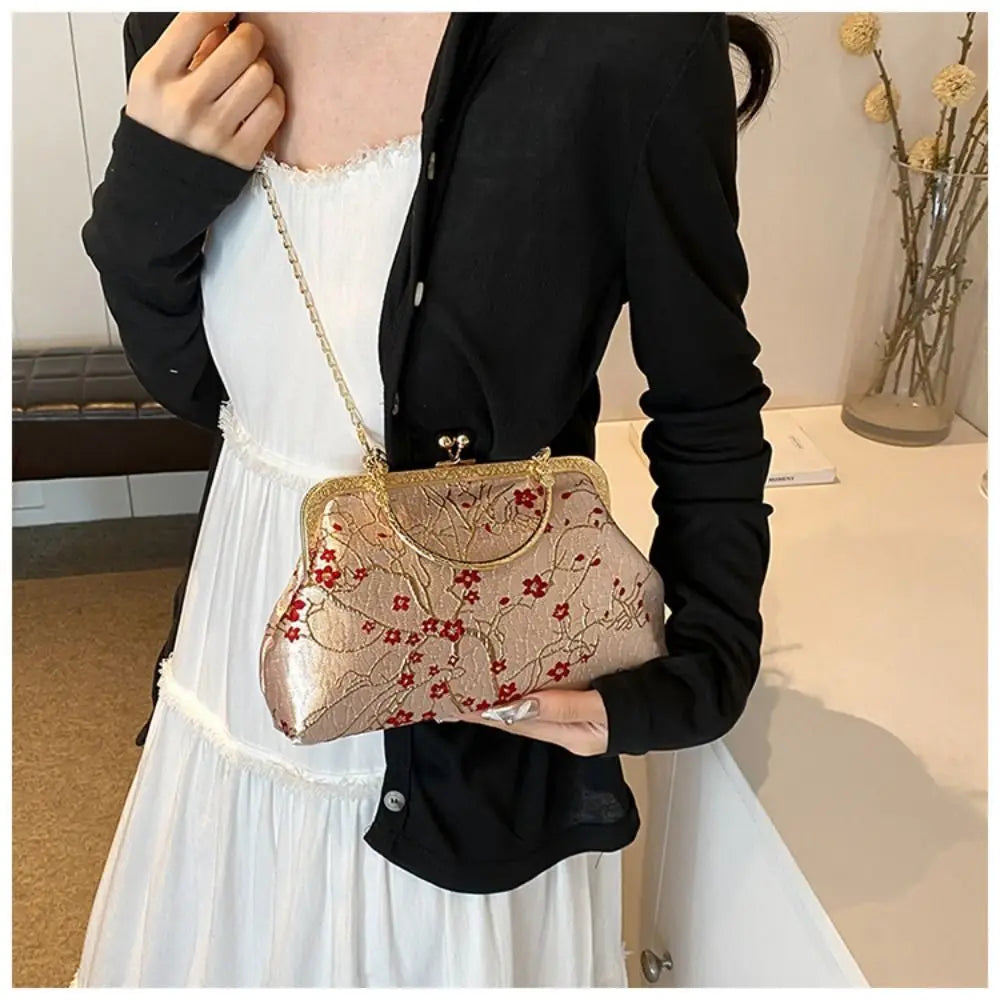 Fashion Silk Chinese Style Handbag | Retro Embroidery Shell Bag | Elegant Minaudière Shoulder & Crossbody Bag | Traditional Artisan Single-Strap Ladies' Purse Luxegan