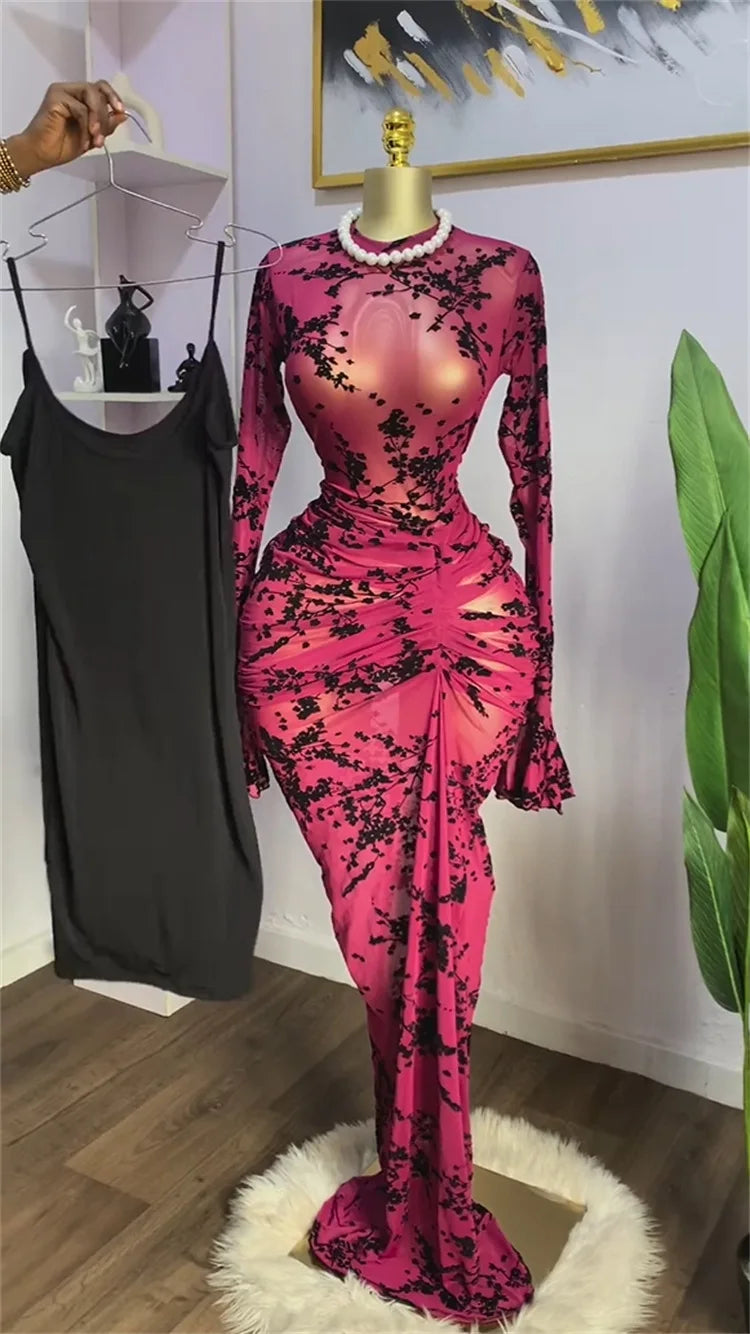 Long Sleeve Stacked Mesh Maxi Dress | Sexy See-Through Evening Gown with Premium Lining | Autumn Birthday Clubwear Bodycon Dress | Elegant O-Neck Flare Sleeve Floor-Length Pencil Robe Luxegan