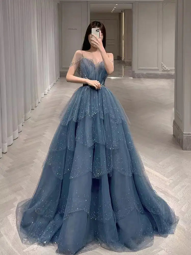 Customized Elegant Blue Straps Luxury Appliques Spaghetti A-Line Beaded Evening Dresses For Women 2026 Prom Dresses Party Dress