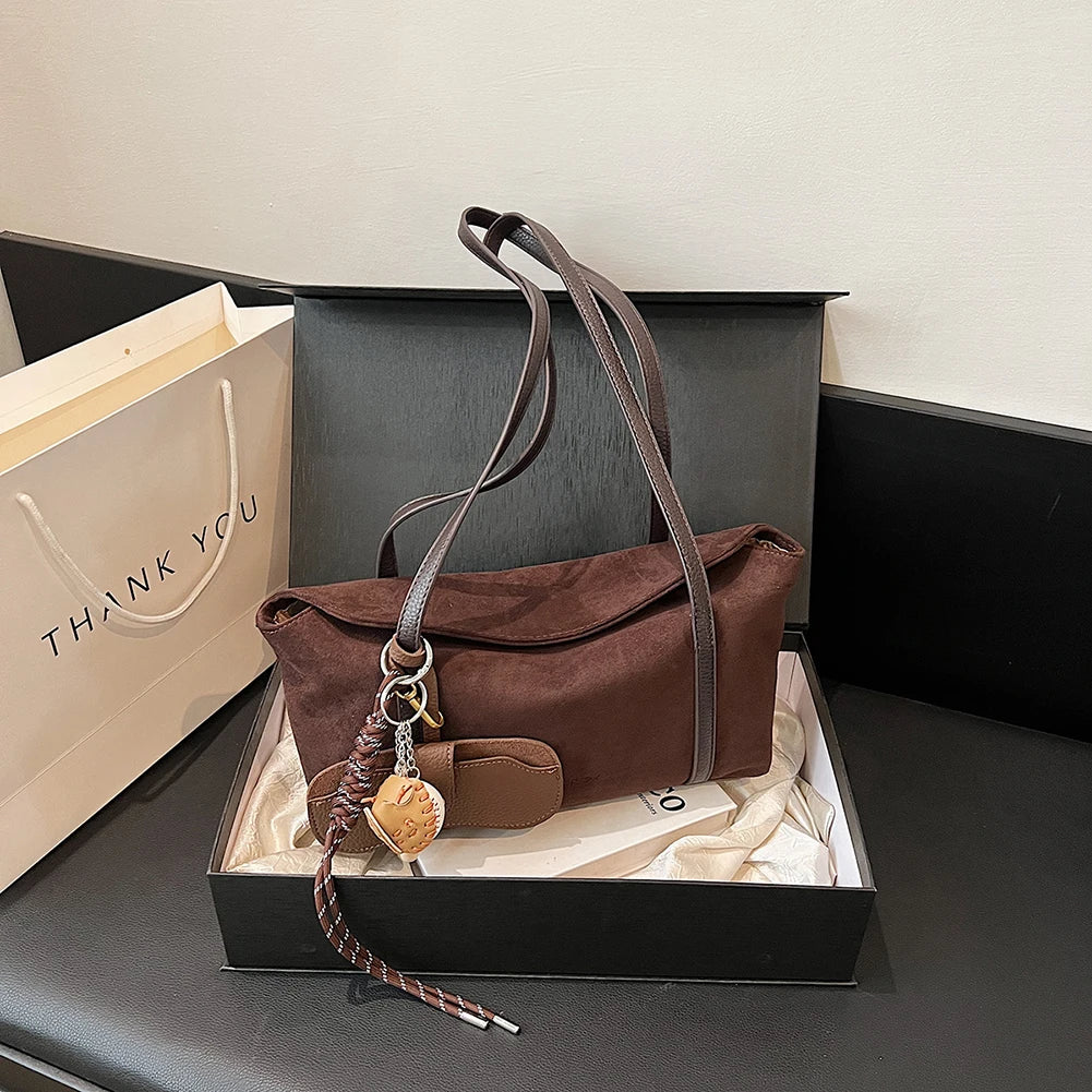 Women’s Retro Faux Suede Shoulder Bag | Large Capacity Work & Travel Satchel | Solid Color Handbag with Interior Zipper Pocket Luxegan