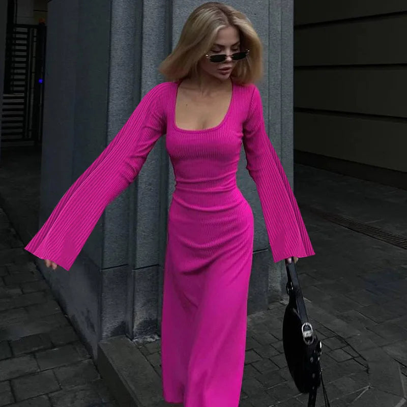 Long Flare Sleeved Maxi Floor-Length Dress | Summer Solid Color Casual Office Lady Dress | Premium High-Stretch Slim Fit Lace-Up Vestido | Elegant O-Neck Empire Waist Spring/Summer Long Gown Luxegan