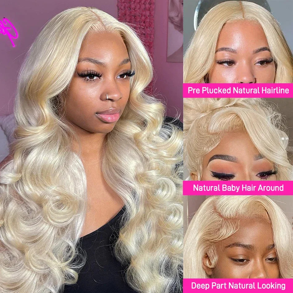 613 Platinum Blonde Body Wave Wig | Sophisticated 13x6 & 13x4 HD Transparent Lace | Elegant "Brazilian Remy" 250 Density 26+ Inch Length | "Dignified" Pre-Plucked Human Hair for Radiant Versatile Styling Luxegan