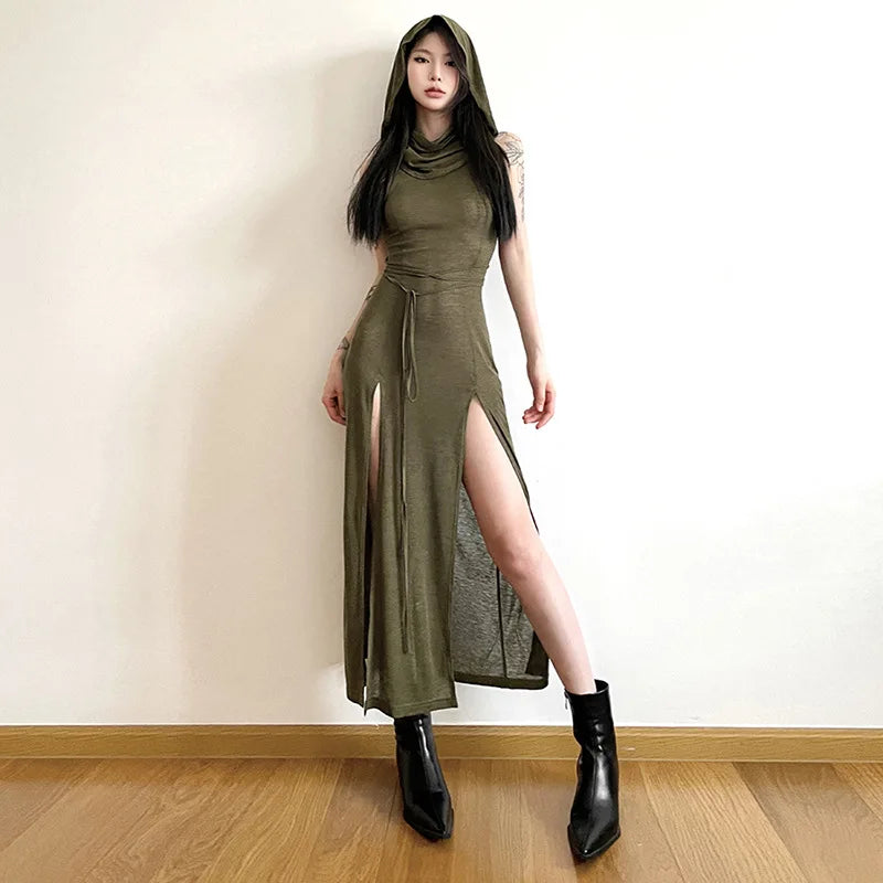 Women's Sexy European & American Style Sleeveless Hooded Dress | Hollow-Out High-Split Ankle-Length Gown | High Stretch Slim Fit Solid Color Streetwear Vestido | Summer Sheath Dress Model W068DS Luxegan