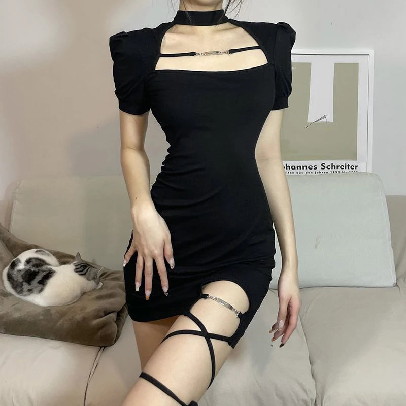 Women's Black Sexy Bandage Mini Dress | Korean Style Halter Neck-Mounted Gown | Summer Hollow-Out Slim Fit Sheath Dress | Short Sleeve Regular Shoulder Empire Waist Vestido Model QD04244 Luxegan