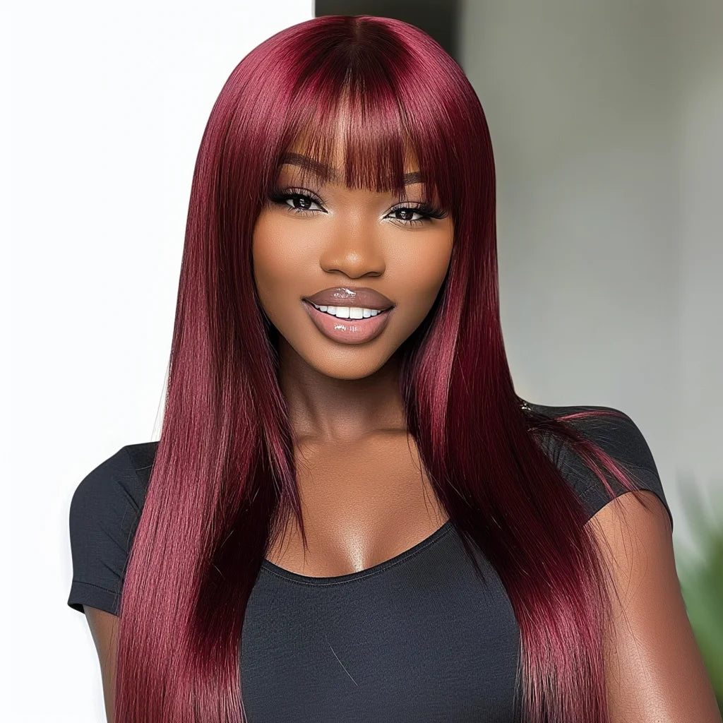 Vibrant 99J Burgundy Wine Red Bone Straight Human Hair Wig with Bangs | Glueless Full Machine-Made Brazilian Remy Human Hair Wig | Premium 22-Inch Classic Fringe Straight Wig for Women Luxegan