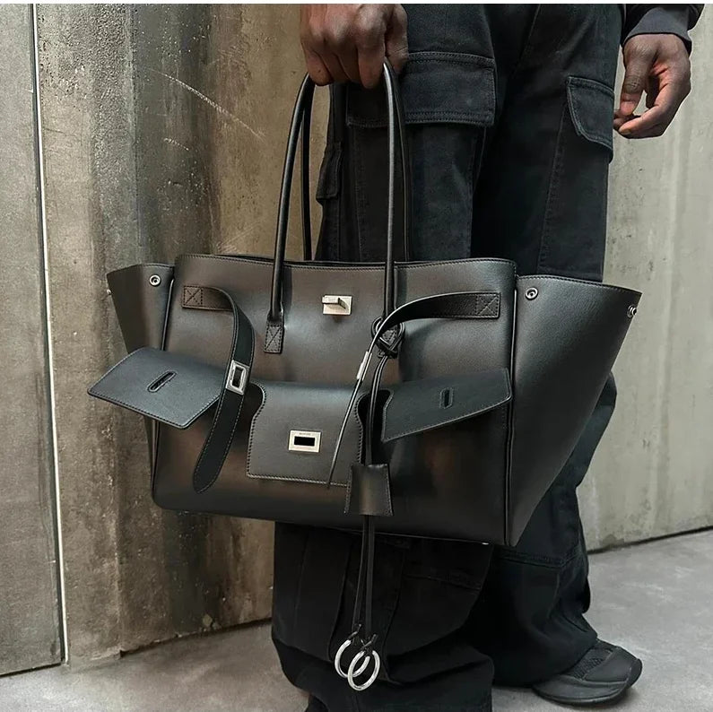 Luxury Real Leather Tote Bag Brand Texture Lock Wing Bag Solid Color Simple New Horizontal Square Bag Women's Commuter Handbag