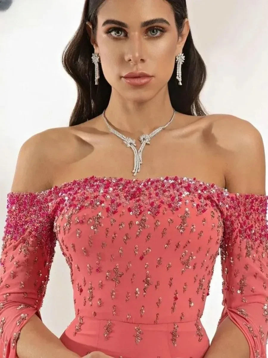 Vintage Sequined Beaded Formal Evening Dress | Half-Sleeve Off-The-Shoulder Chiffon Gown with Ribbons | Elegant Boat Neck Ruched Wedding Guest Dress | Model 1 Floor-Length Straight Silhouette Prom & Cocktail Gown Luxegan
