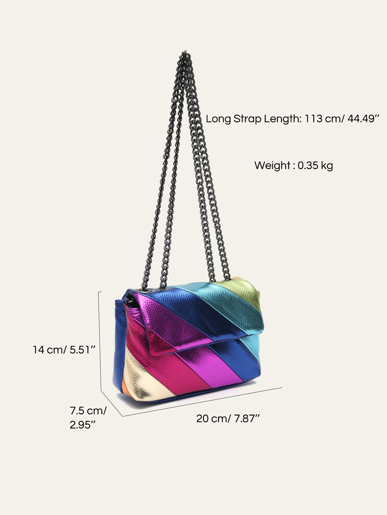 Women’s Funky Metallic Mini Shoulder Bag | Colorful Stripe Patchwork PU Leather Handbag | Fashion Flap Crossbody with Metal Chain Detail (Model CRP-2311437) Luxegan