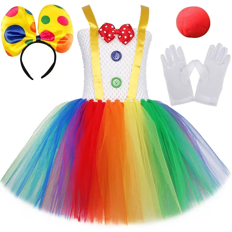 Funny Circus Clown Tutu Dress for Girls | Naughty Joker Cosplay Costume | Rainbow Patchwork Hand-Woven Carnival Party Ball Gown for Kids Luxegan