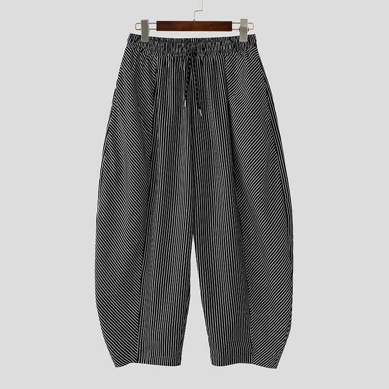 Men's Striped Loose Casual Trousers | Sophisticated "Wide-Leg" Streetwear Silhouette | Elegant "Oversize" Fashion Joggers | "Dignified" High-Performance Drawstring Long Pants for Radiant Versatile Styling Luxegan