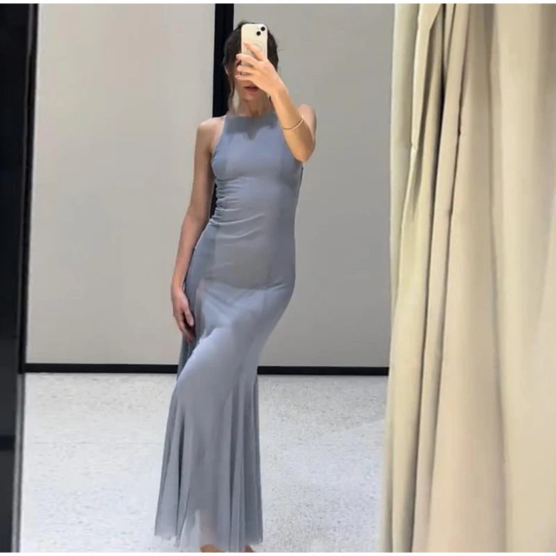 Sleeveless Mesh A-Line Maxi Dress Luxegan