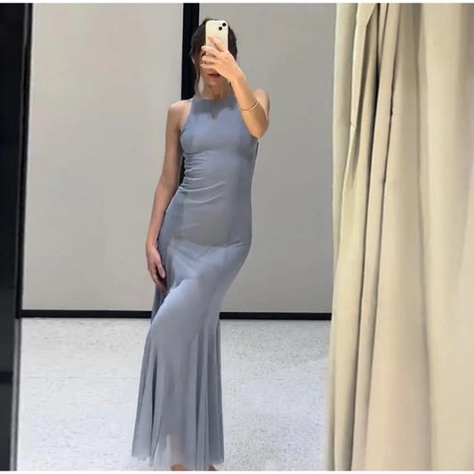 Sleeveless Mesh A-Line Maxi Dress Luxegan