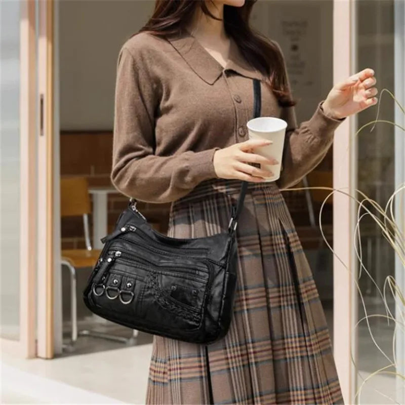 Vintage PU Leather Crossbody Bag | Retro Multi-Layer Shoulder Bag for Women | Sophisticated Classic Fashion Handbag & Purse | Elegant Work & Travel Messenger Bag with "Dignified" Letter Detail Luxegan