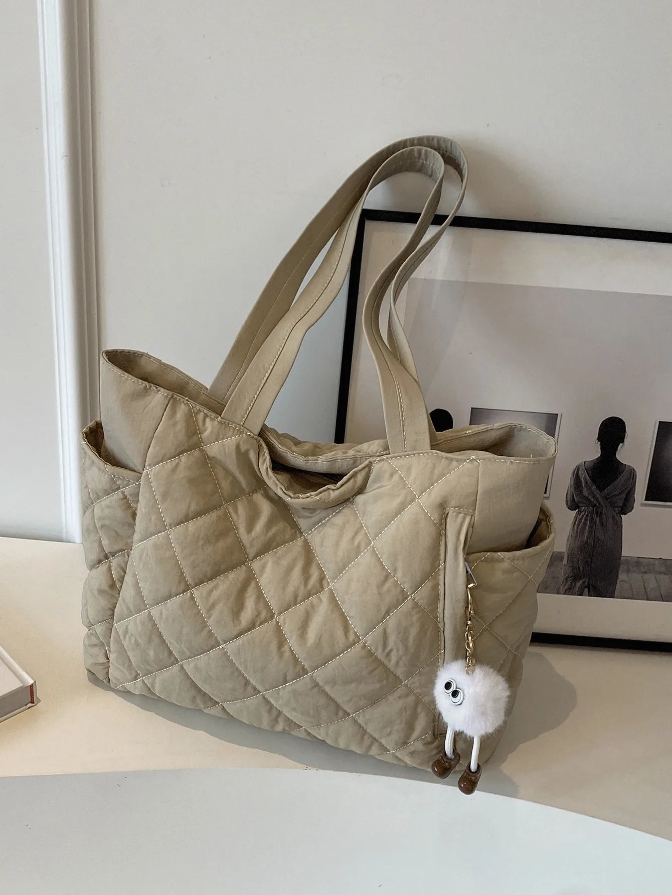 [Y2K Girly Heart] Diamond Pattern Handbag | Multi-Pocket Retro Tote Bag Luxegan