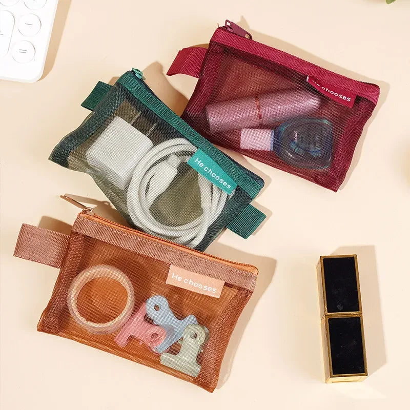 Pequeño Bolso Cuadrado de Color Sólido para Monedas, Organizador de Nylon de Malla para Pintalabios, Llaves, Auriculares, Tarjetero de Bus, Banco, Identificación, Tarjetas de Crédito, Estuche de Almacenamiento