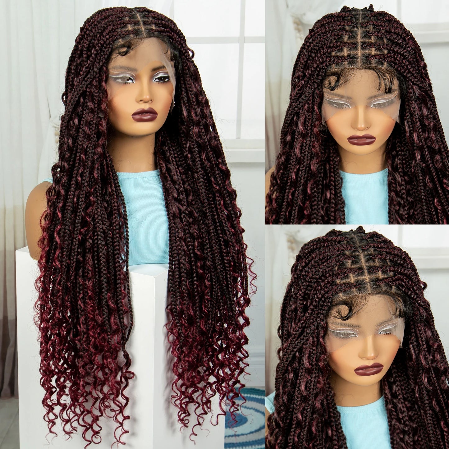 Burgundy Knotless Box Braids Wig with Curly Ends | Full Lace Handmade Luxegan