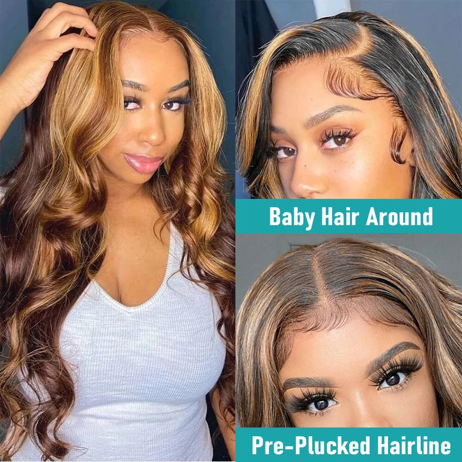 Honey Blonde Highlight Body Wave HD Lace Wig | Sophisticated 13x6 Transparent Frontal | Elegant "Brazilian Remy" Silhouette | "Dignified" Pre-Plucked Ombre Colored Human Hair for Radiant Versatile Styling Luxegan