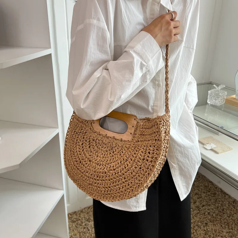 Minimalist Bohemian Half-Moon Straw Tote | Soft Rattan Beach Handbag Luxegan