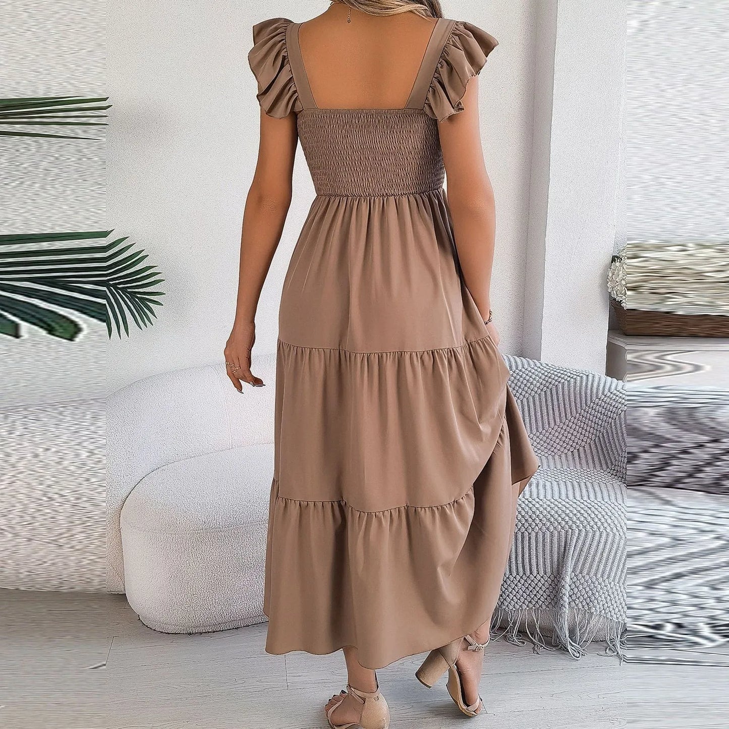 Solid Sleeveless Backless Pleated Maxi Dress | Square Neck A-Line Beach & Casual Dress Luxegan