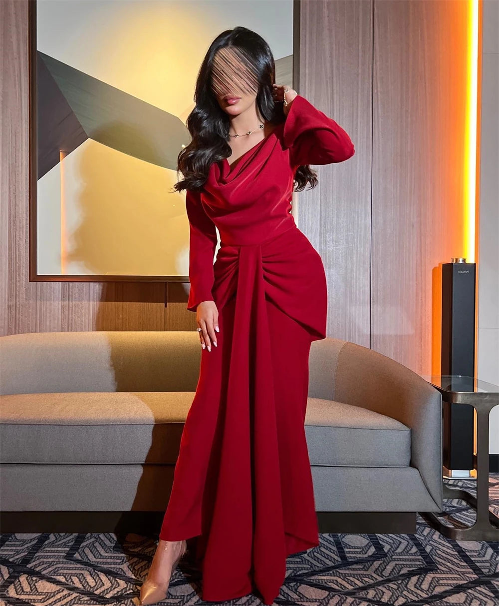 Bow-Accented Pleated O-Neck Full-Length Sleeve A-Line Ankle-Length Formal Evening Dress – Polyester Satin, Built-In Bra, Natural WaistLuxegan