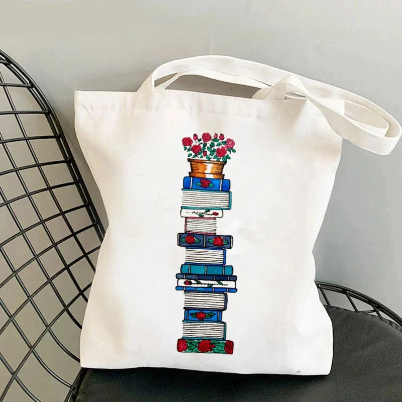 Flowery Books Printed Canvas Tote Bag | Retro Large Capacity Eco-friendly Shopping Bag | Unisex Student Schoolbag Shoulder Bag Luxegan