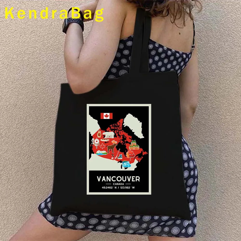 Canadian City Landscape Cotton Canvas Tote Bag | Happy Canada Day Tourist Gift | Reusable Eco-Friendly Shoulder Handbag (Women) Luxegan