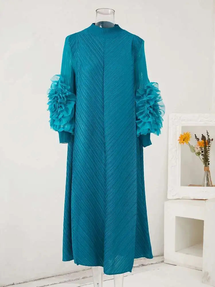Pleated Lettuce Hem Maxi Dress | Turtleneck Full Sleeve Loose A-Line Casual Dress Luxegan