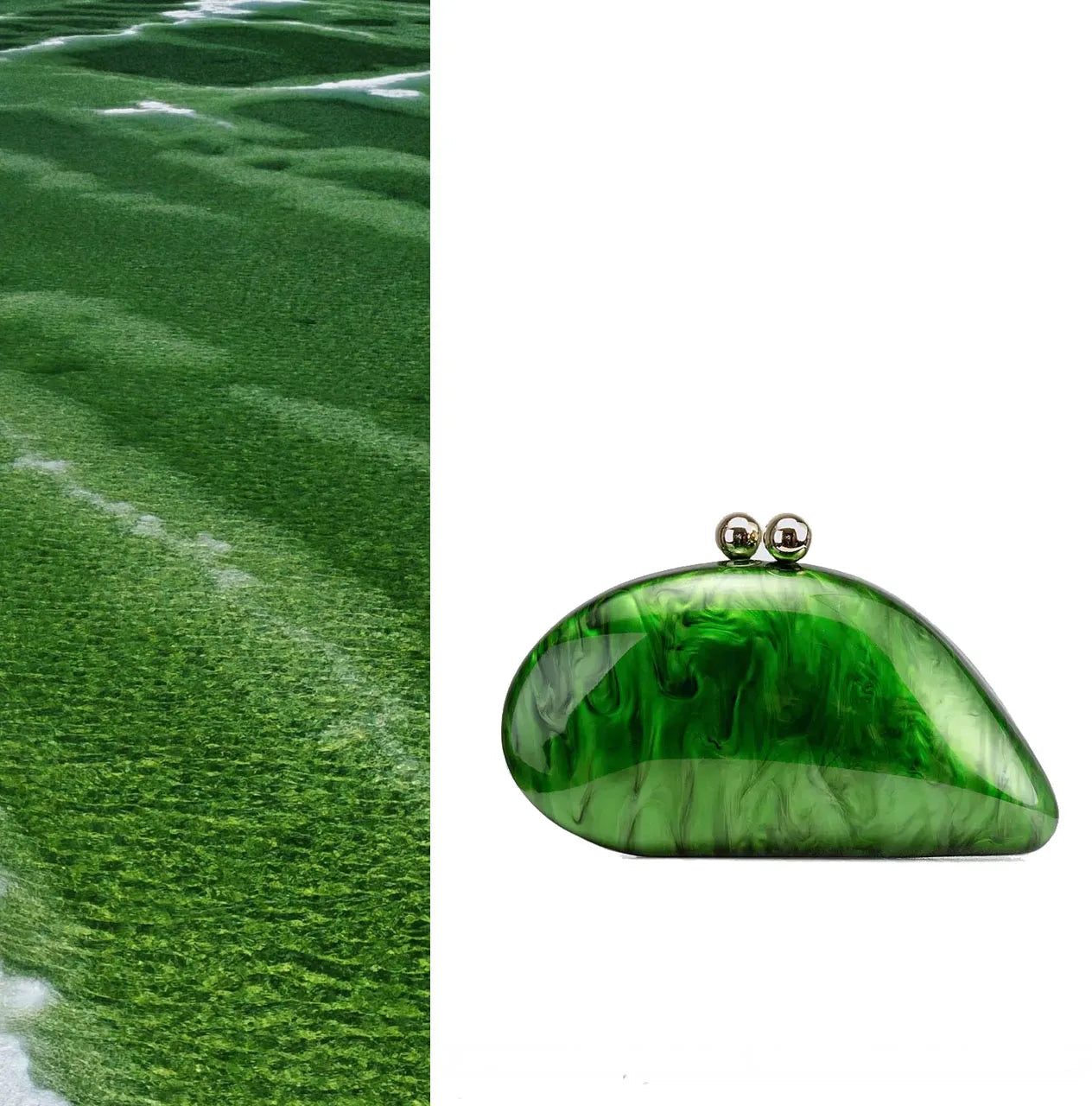 Acrylic Shell Minaudiere | Hard Marble Green Pearl Bridal Handbag Luxegan