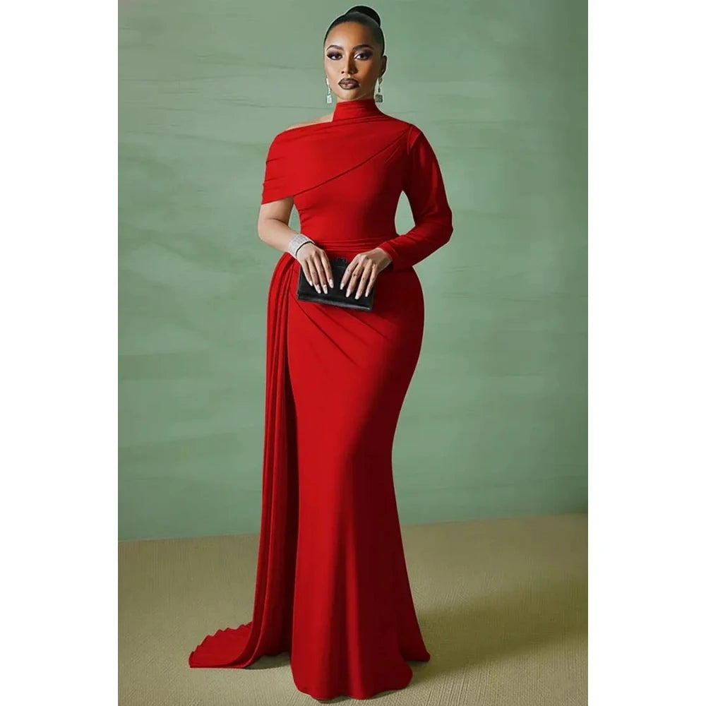 Women's Elegant White One-Shoulder Prom Gown | Customized Halter Cap Sleeve Mermaid Evening Dress | Formal Floor-Length Wedding Guest Dress | Built-In Bra Jersey Vestido Luxegan