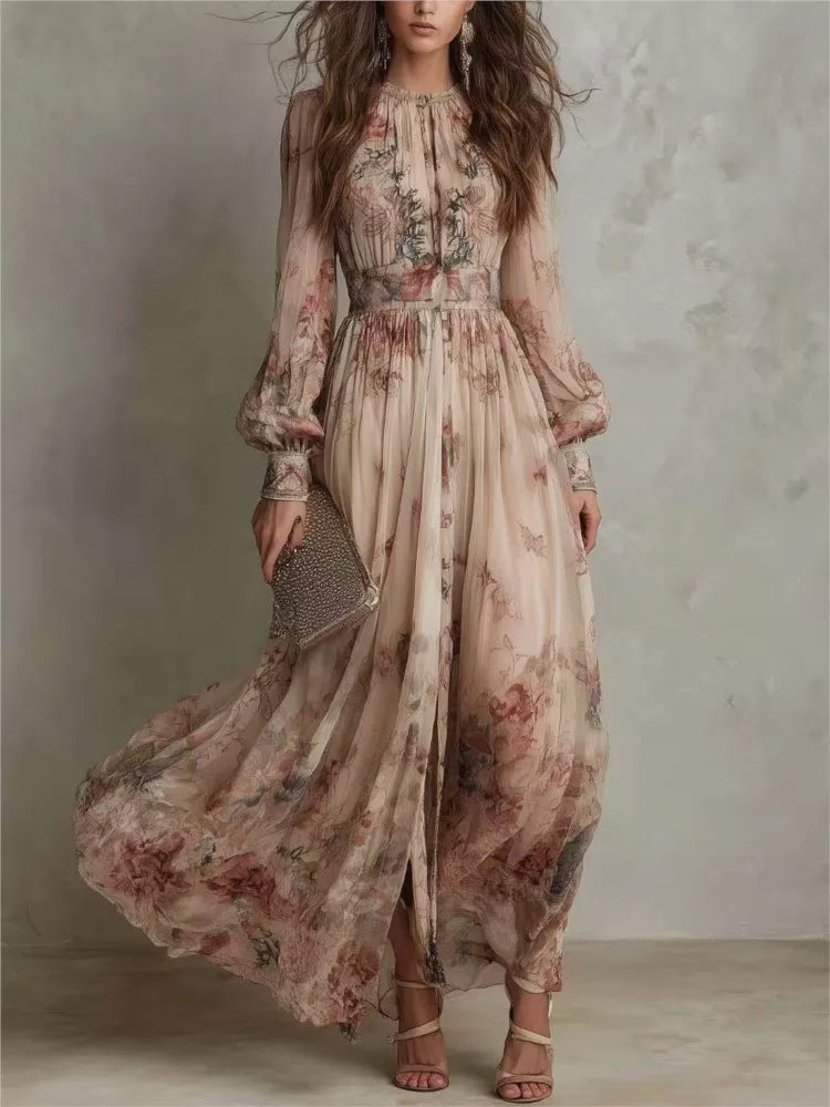 Print Round Neck Full Sleeve Regular Fit A-Line Mid-Calf Dress – Natural Waist, Spring/Summer Luxegan