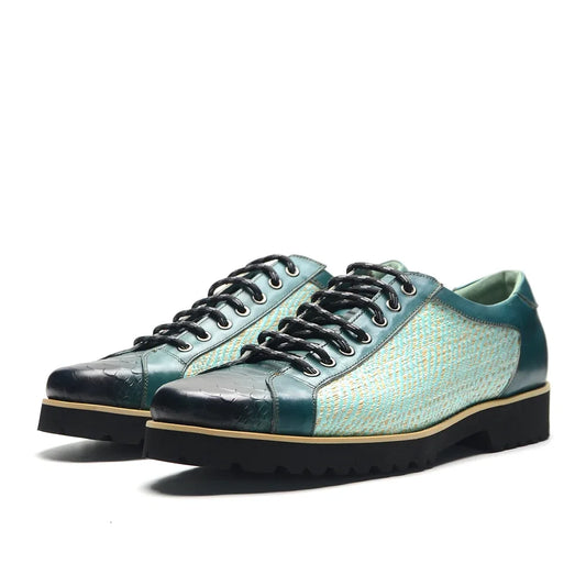 British Style Designer Men's Genuine Leather Derby Shoes | Duotone Hand-Painted Plaid Casual Sneakers (Height Increasing) Luxegan