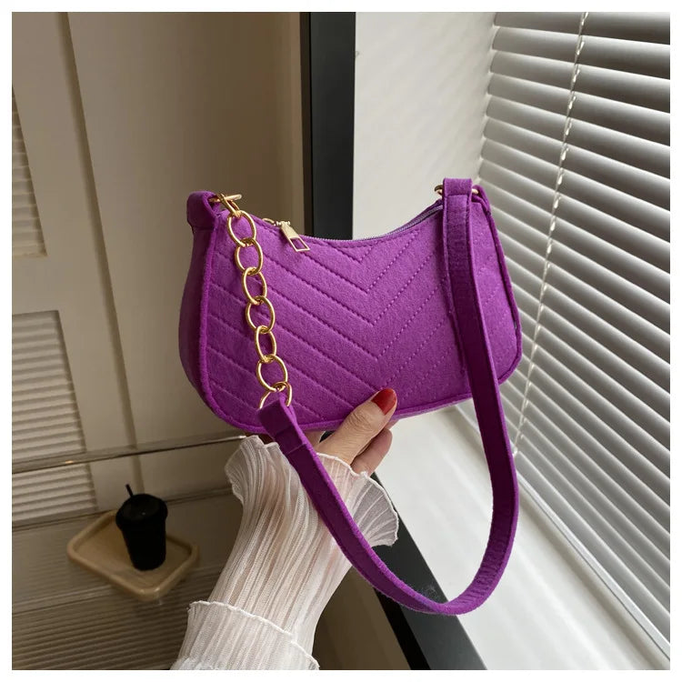 Fashion Felt Mini Shoulder Bag for Women | Design Advanced Crescent Saddle Underarm Handbag with Chain Detail Luxegan
