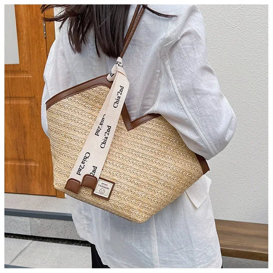 Vintage Handmade Woven Straw Beach Bag | Sophisticated Raffia Circle Rattan Shoulder Bag | Bohemian Summer Vacation Handbag | Fashion-Forward TPU & Polyester Casual Tote Luxegan